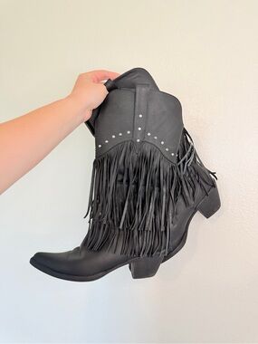 Roper Black Knee High Fringe Cowgirl Boots with snip toe and rhinestone details